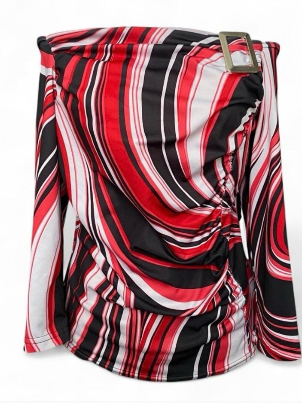 Off-Shoulder Striped Ruched Blouse - Red, Black & White